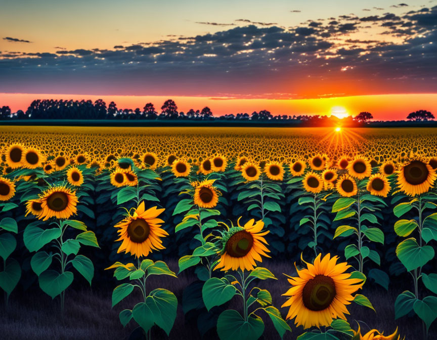 Vibrant sunflower field at sunset with warm glow and colorful sky