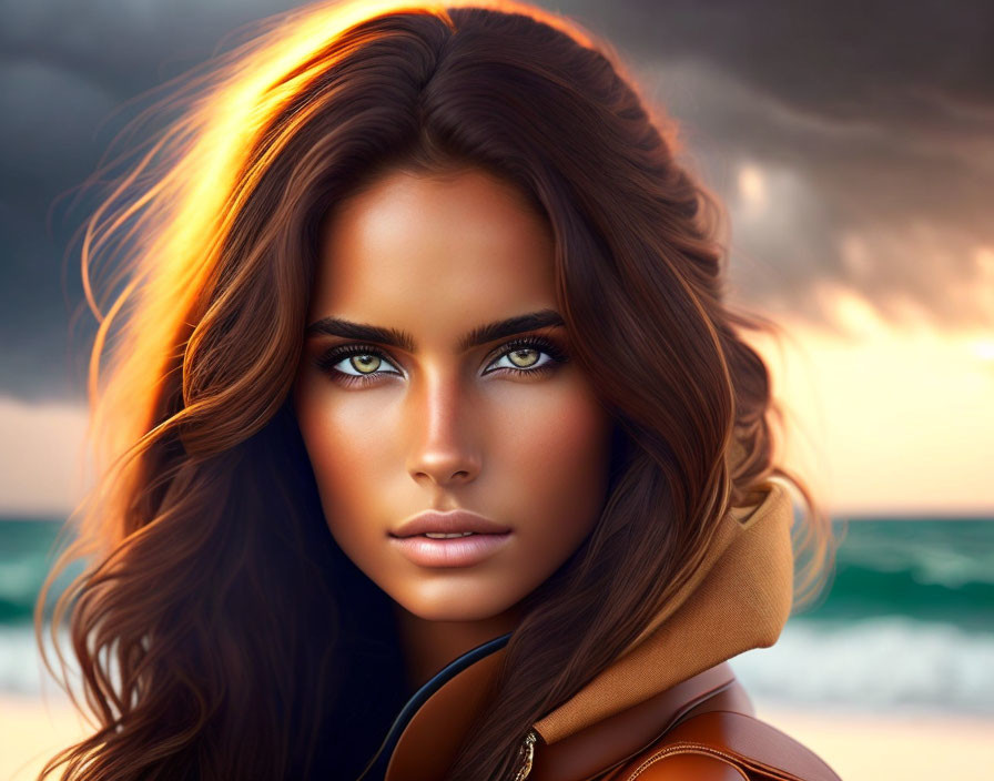 Portrait of a woman with green eyes and brown hair in a jacket on beach at sunset