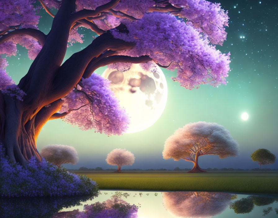 Twilight landscape with purple foliage tree, full moon, stars, and reflective water.