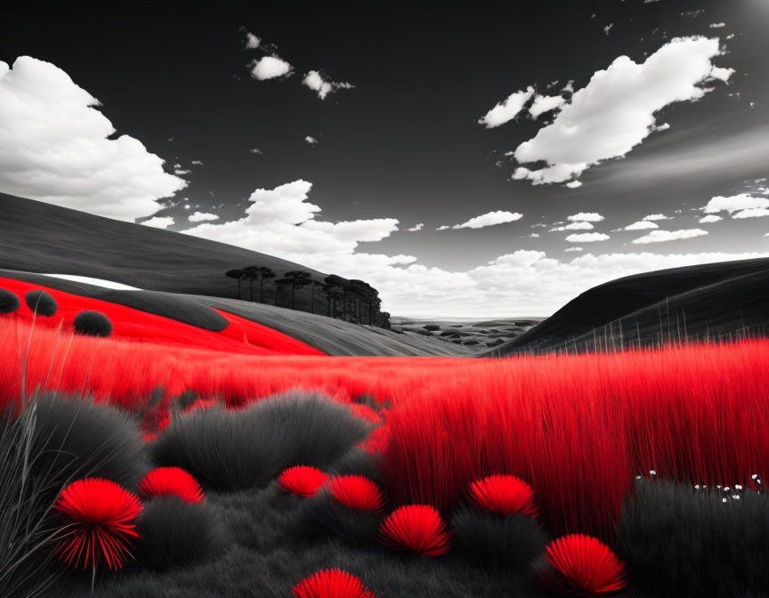 Monochrome surreal landscape with red foliage under cloudy sky