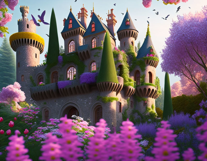 Majestic castle in lush purple landscape with soaring towers and birds in clear sky