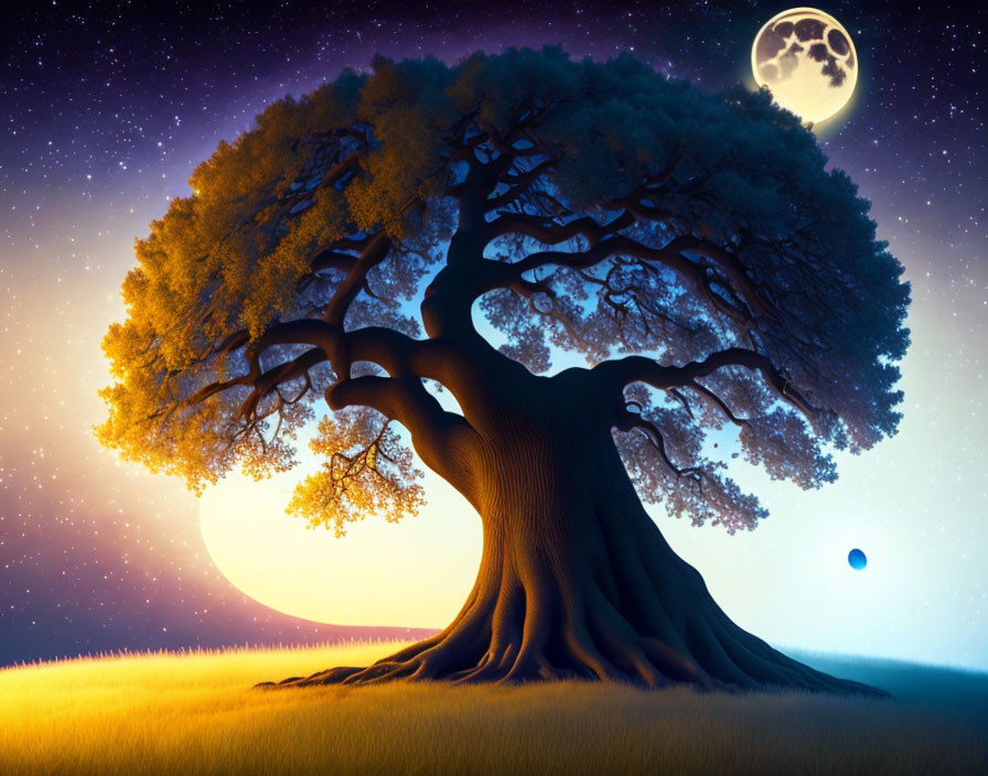 Majestic tree with lush canopy under starry sky and moonlit golden field