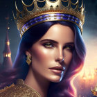 Regal woman with blue hair and golden crown.