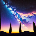 Silhouettes of cacti under twilight sky with Milky Way and clouds