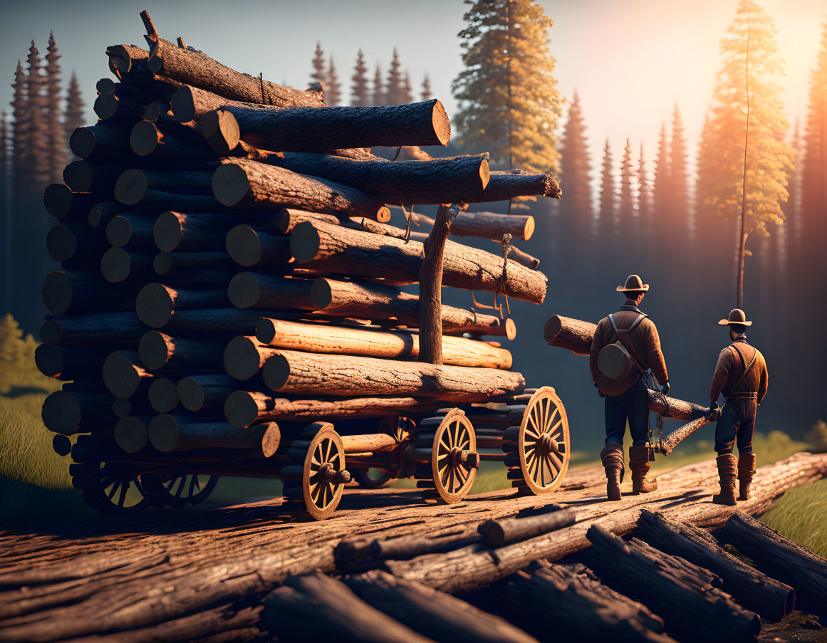 Two people with axes by log cart in forest clearing at sunset