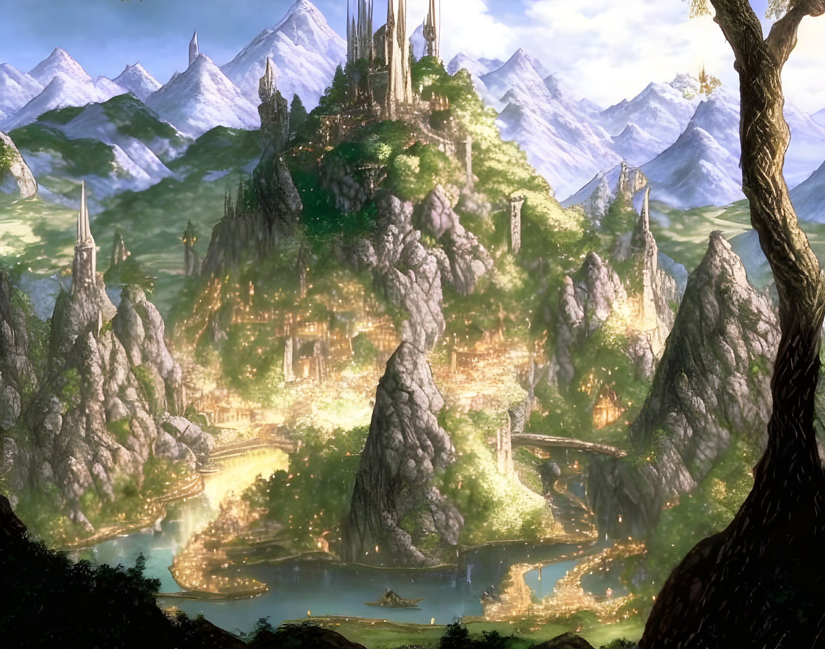 Majestic castle on rocky cliffs in fantasy landscape