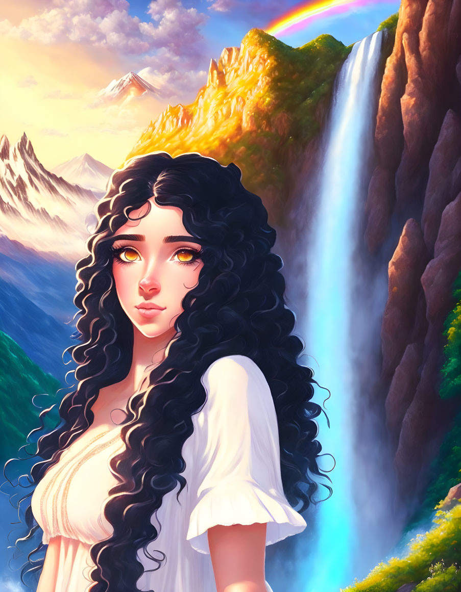 Digital art portrait of young woman with black curly hair and white blouse against waterfall, rainbow, and mountains