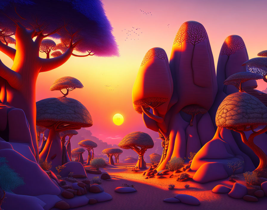 Colorful whimsical landscape with mushroom-like trees under a sunset sky