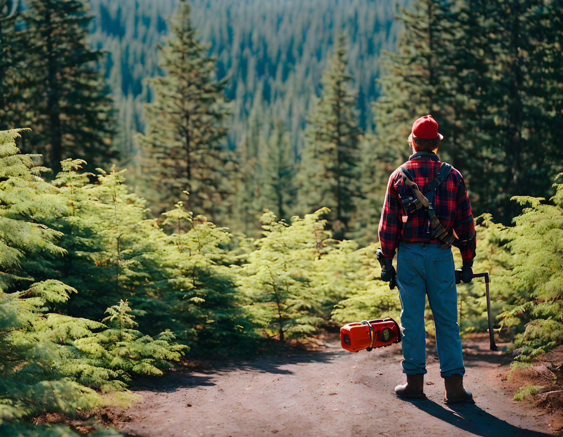 Person in plaid shirt with chainsaw on forest path among tall pine trees