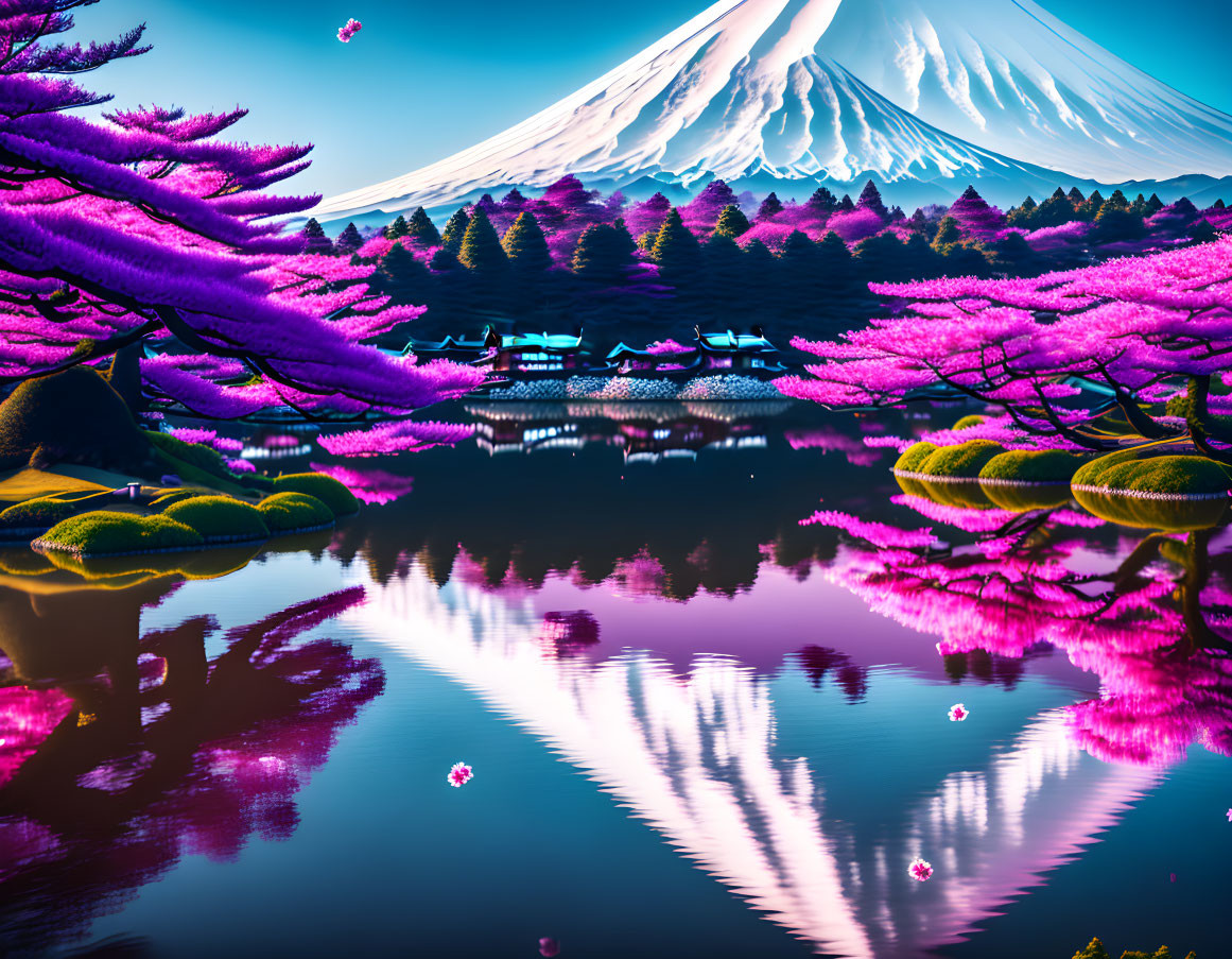 Serene landscape with cherry blossoms, lake reflection, traditional structures, Mount Fuji