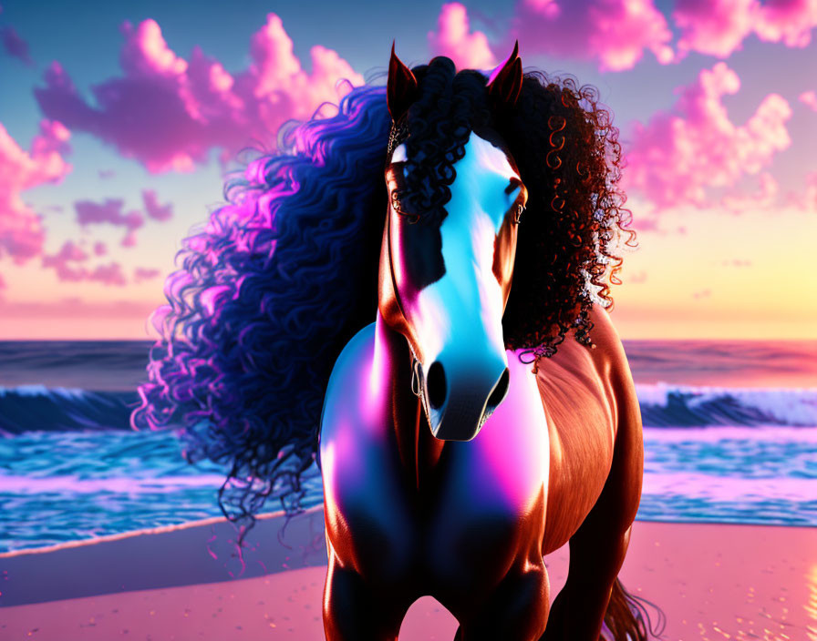 Iridescent horse on beach at sunset with pink clouds