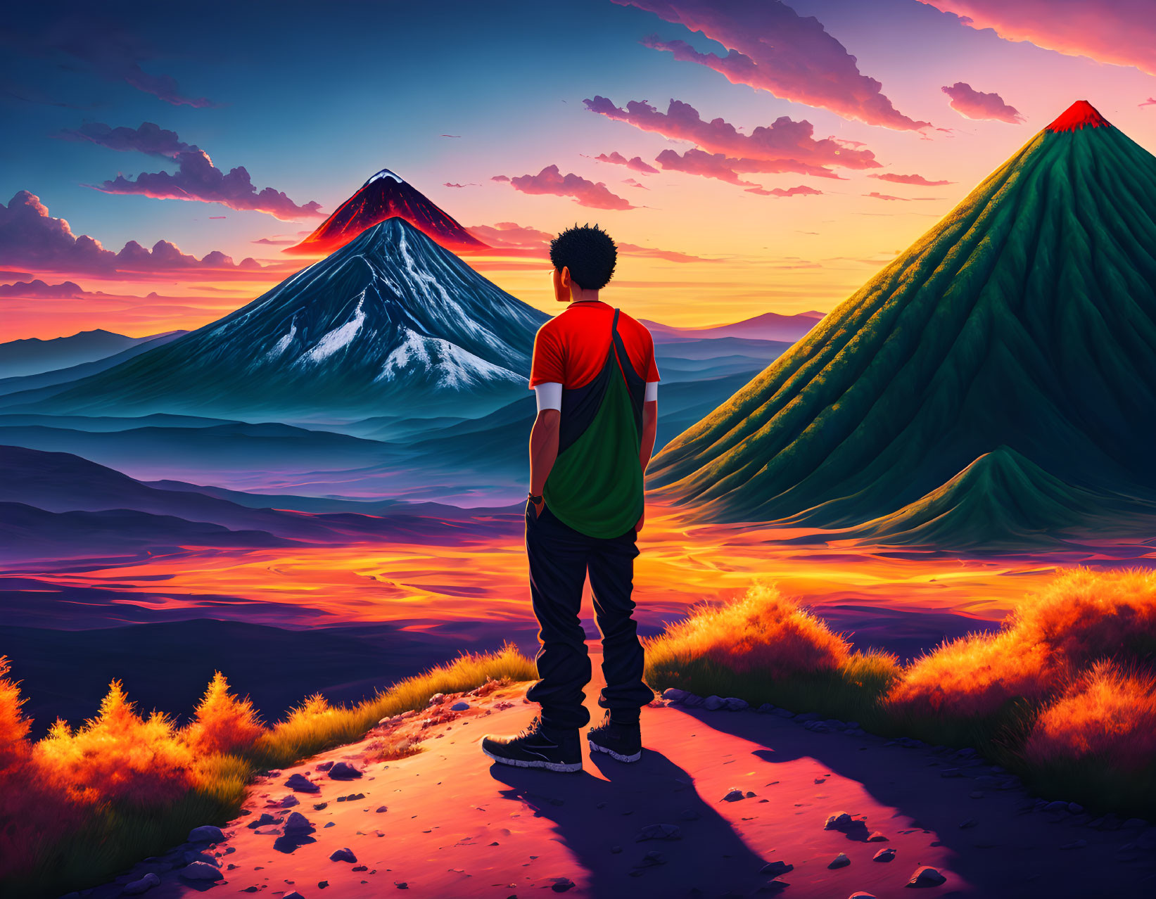 Person admiring vibrant sunset over snow-capped and lush green mountains