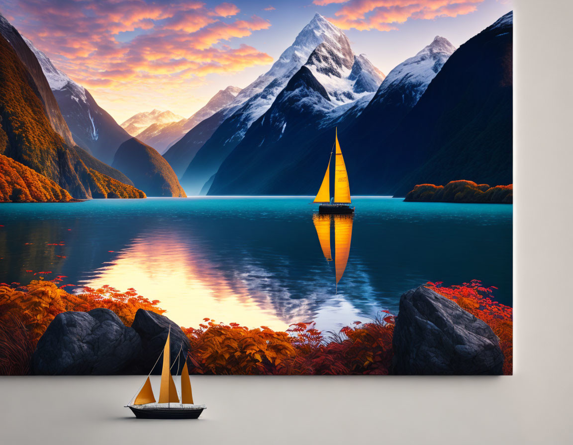 Sailboat on serene lake with autumn mountains canvas print