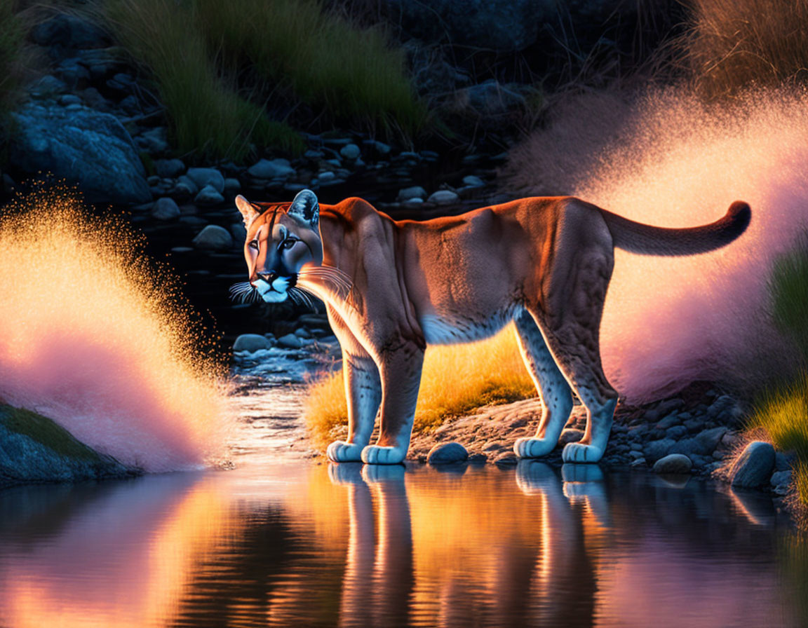 Majestic tiger with glowing fur by water at dusk