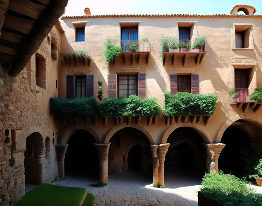 Rustic stone courtyard with arches and lush green plants in multi-story building facades