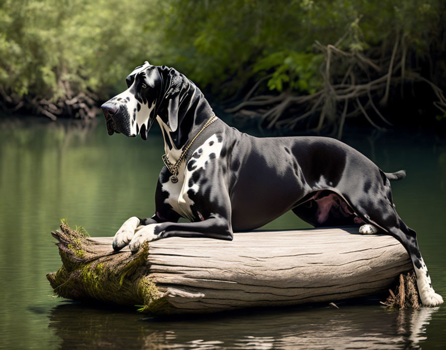 Large Great Dane on Log by Calm River