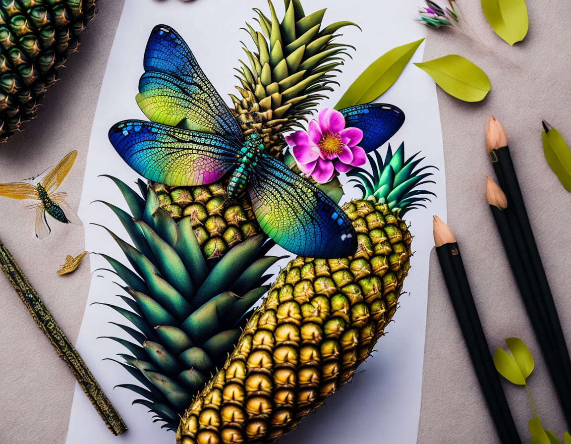 Vibrant artificial butterfly on pineapple with pencils and leaves on white surface