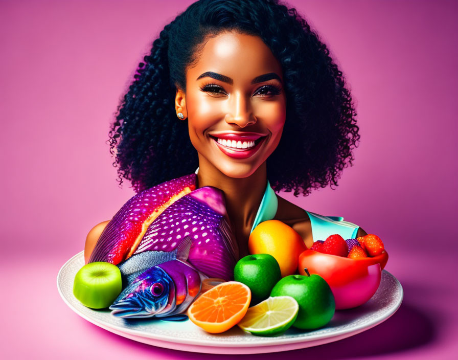 Smiling woman with curly hair, fruits, and fish on plate against pink background