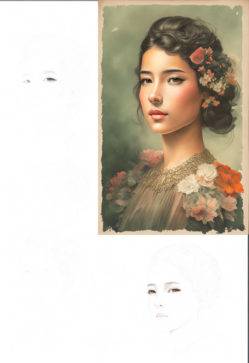 Woman with Flowers in Hair: Sketch to Full-Color Painting Stages