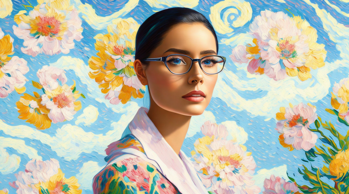 Woman with Glasses in Vibrant Floral Impressionist Background