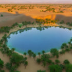 Tranquil Tropical Village at Dusk with Thatched Houses & Blue Lake