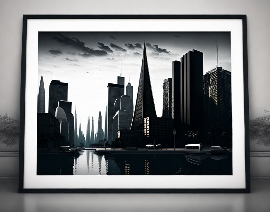 Monochrome cityscape artwork with skyscrapers and water reflection in a framed display