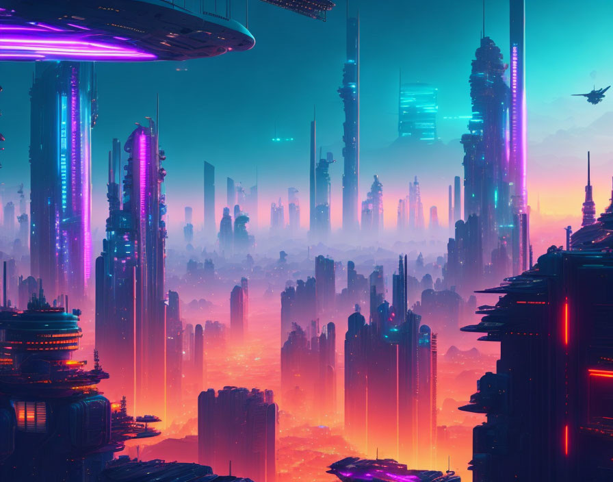 Futuristic cityscape with neon lights, misty skyscrapers, and flying vehicles