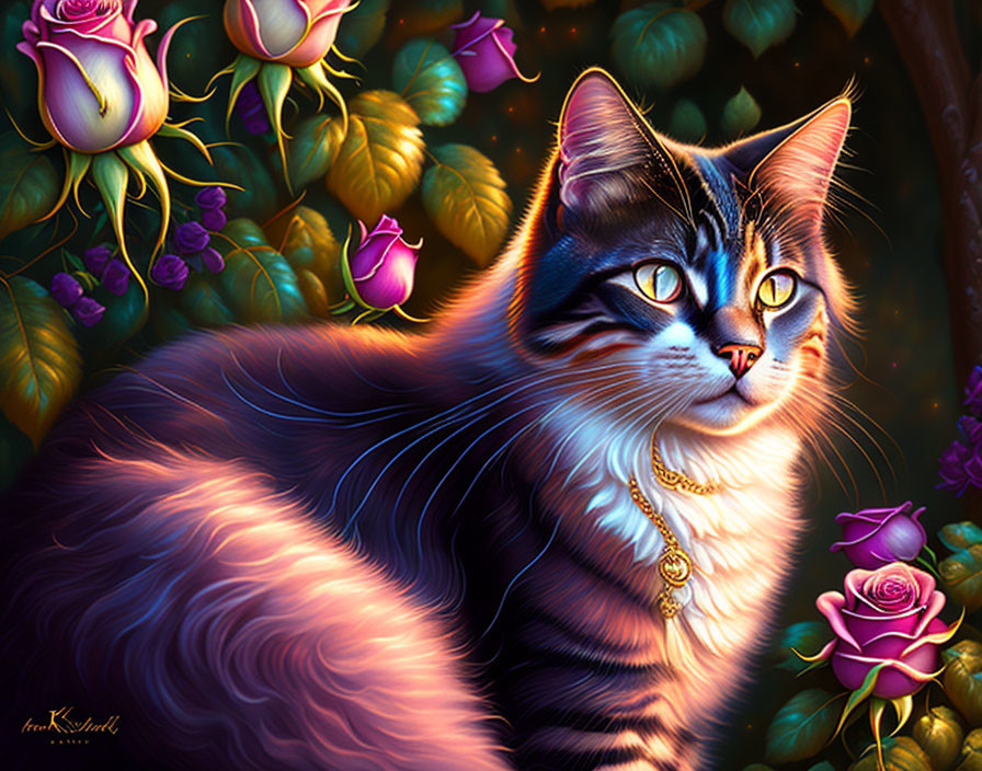 Colorful Digital Painting of Tabby Cat with Golden Necklace and Roses