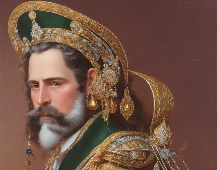 Digital painting of man in opulent regalia with golden hat and green fabric.