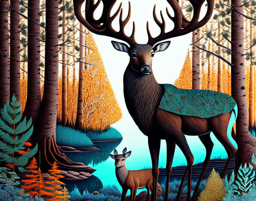 Colorful Deer and Fawn Art in Vibrant Forest