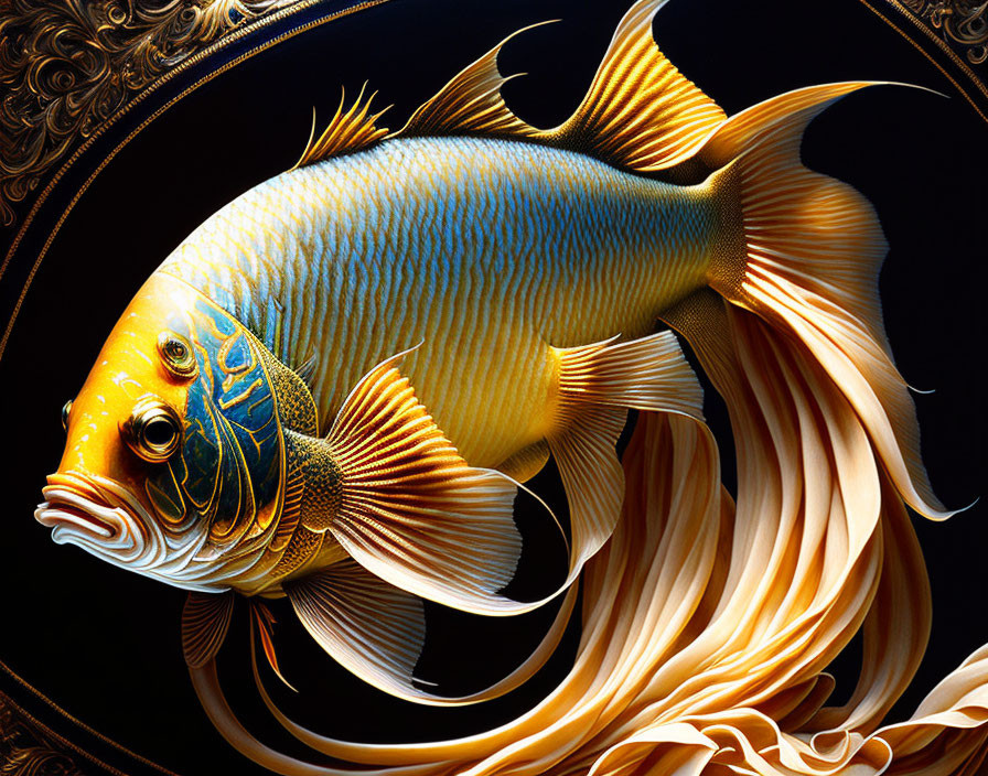 Colorful digital illustration of ornamental fish with flowing fins on dark background