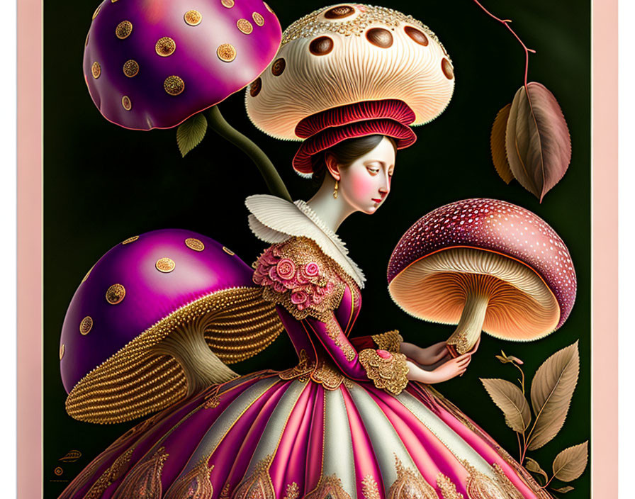 Surreal woman in mushroom-themed gown on dark background