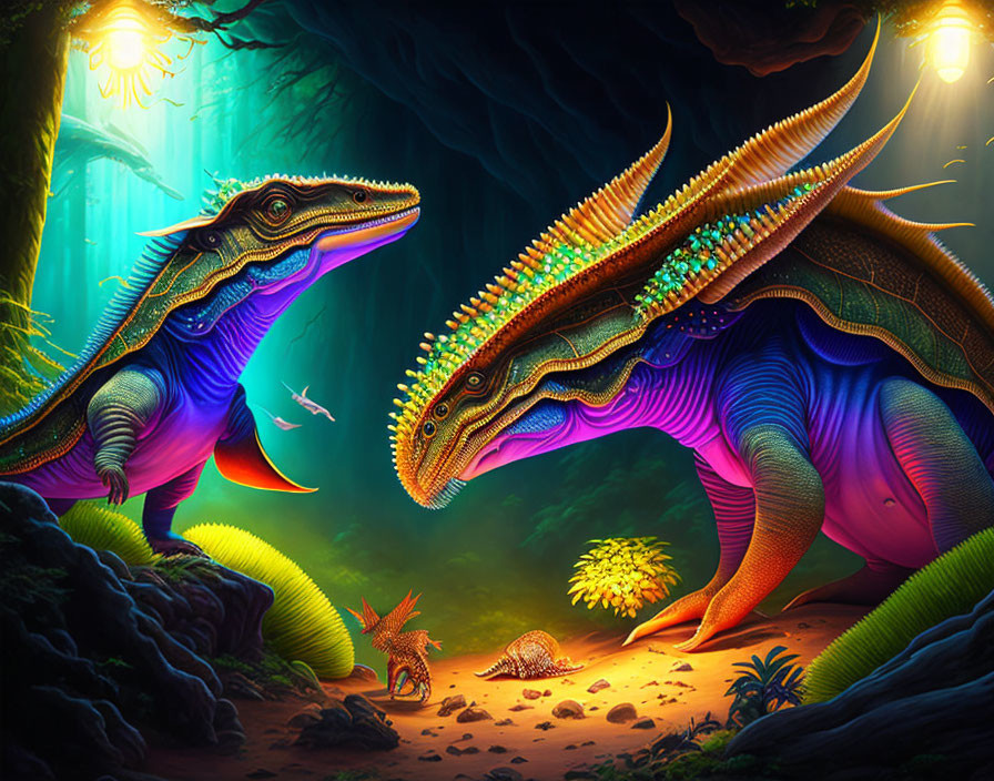 Colorful dinosaurs in enchanted forest with glowing plants & dragon-like creature