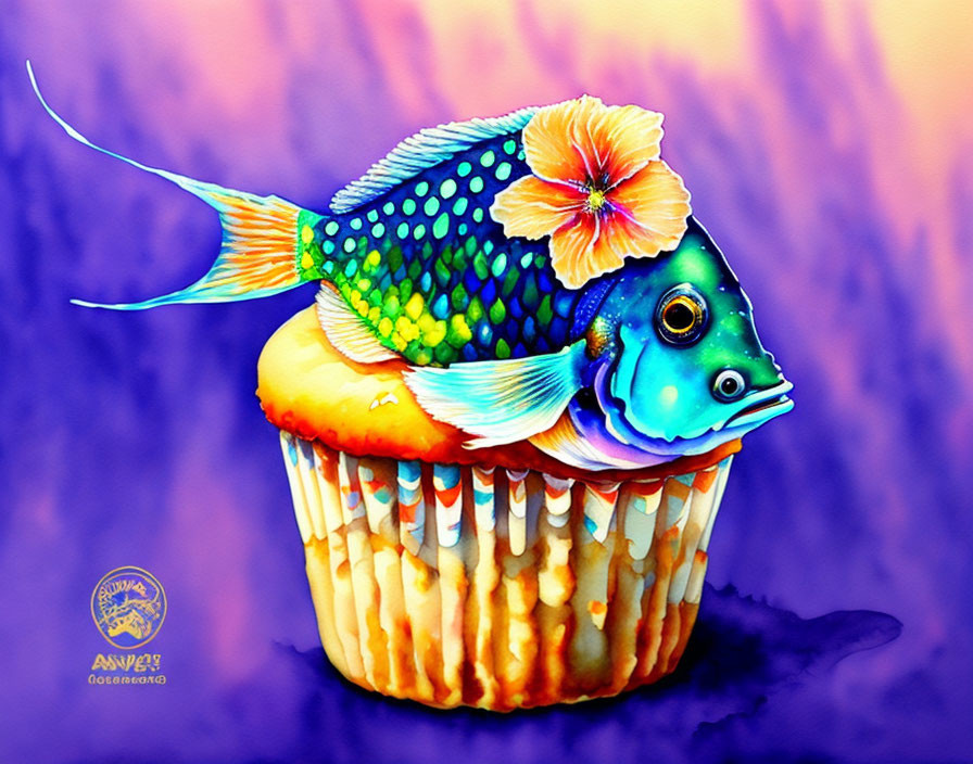 Colorful Fish Illustration on Cupcake with Intricate Patterns and Purple Orange Background