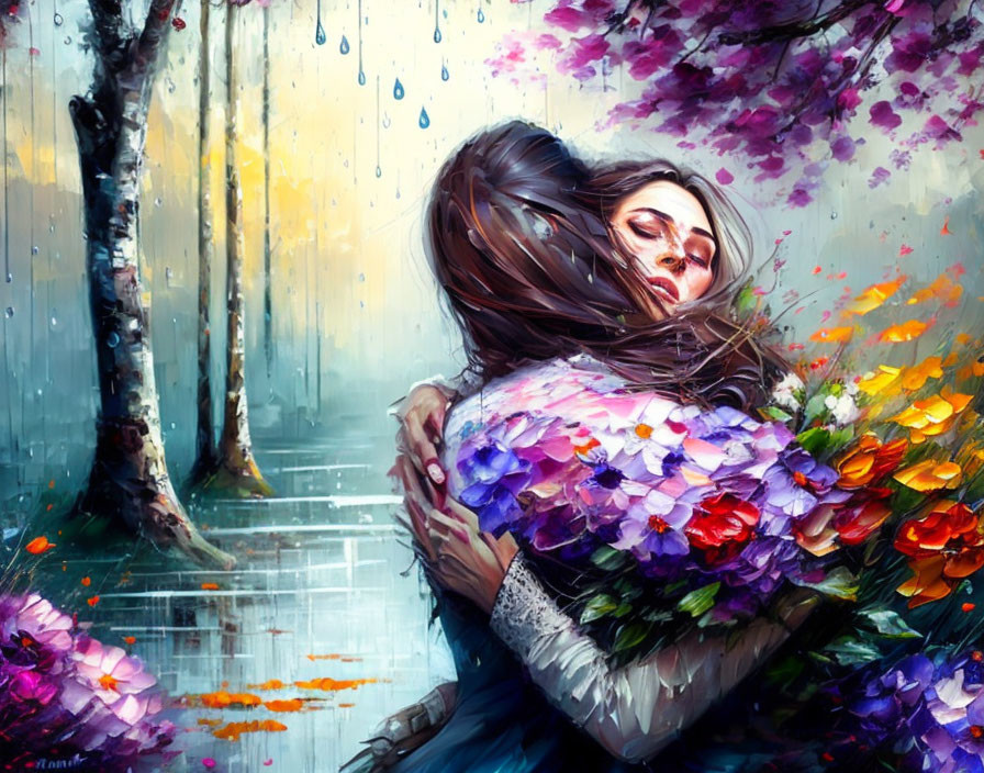 Colorful painting: Woman with flowers in rainy forest setting