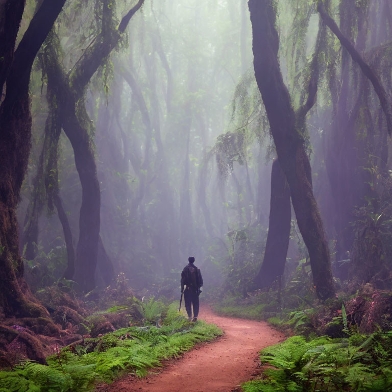 Solitary figure walking through misty, moss-covered forest trail