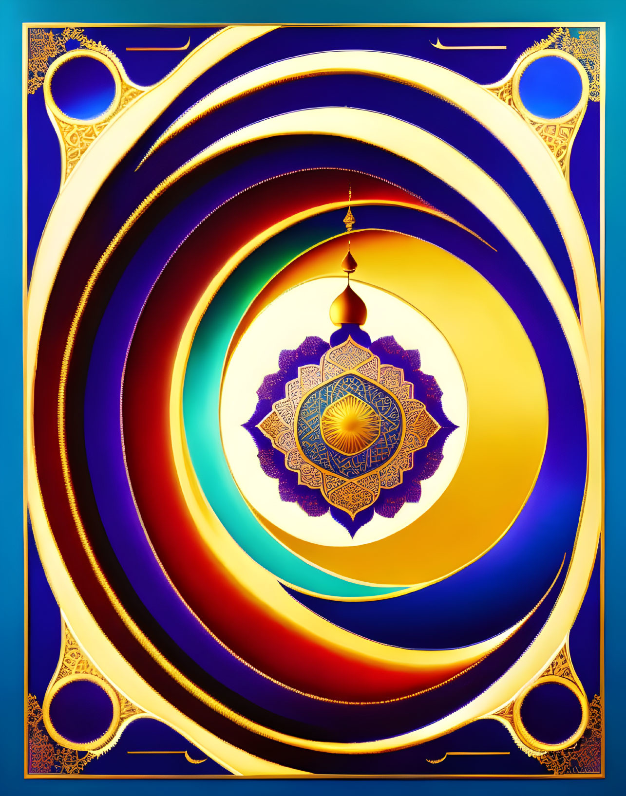 Abstract Digital Artwork: Blue and Gold Concentric Circles with Ornate Patterns