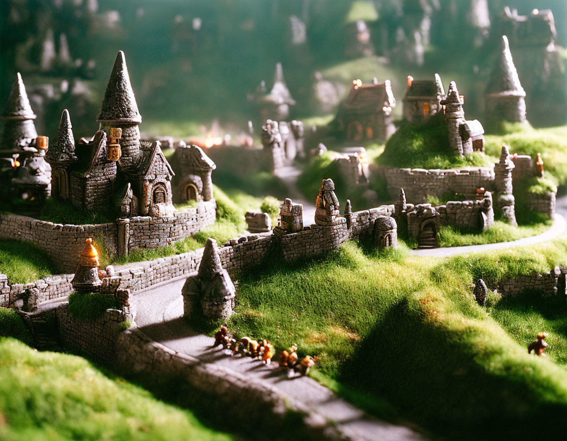 Detailed miniature fantasy village with stone houses, towers, winding path, and tiny figures in lush greenery