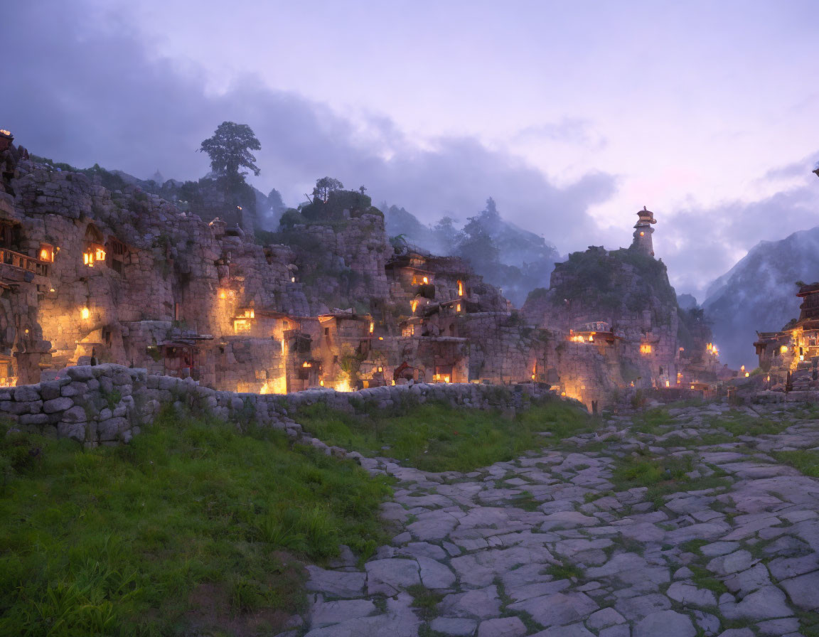 Ancient Stone Village at Twilight in Misty Mountains