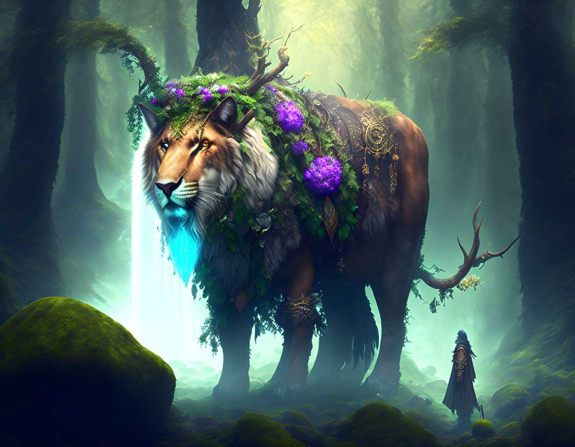 Mystical lion with forest mane in misty woodland with robed figure.