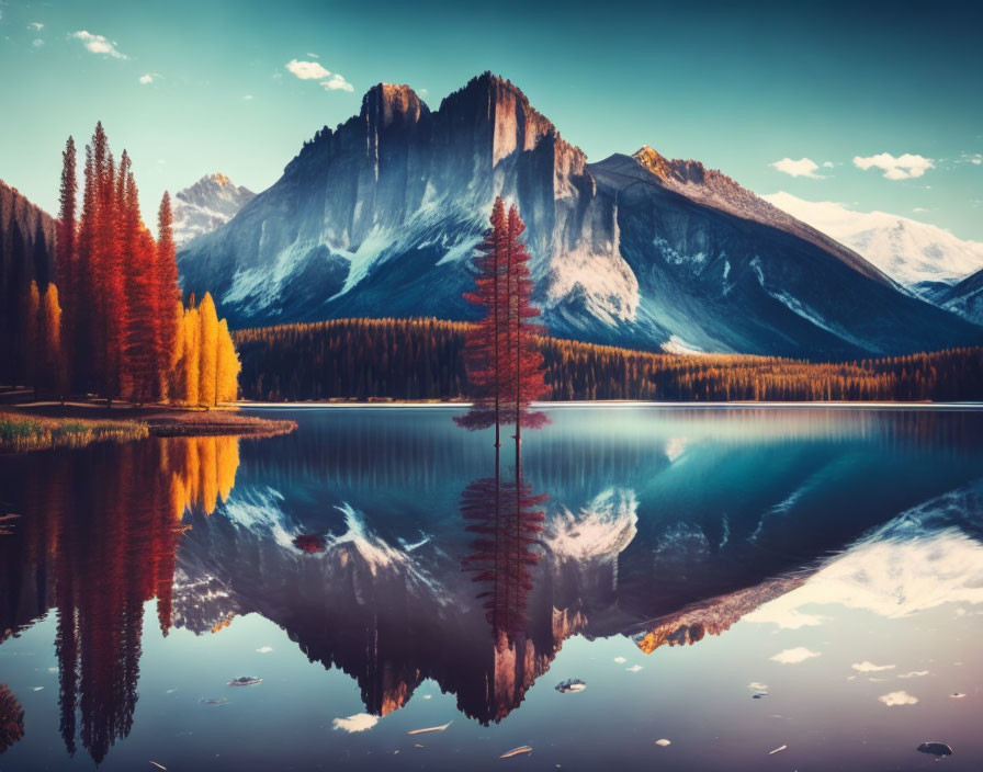 Majestic snow-capped mountain reflected in serene lake with autumn trees