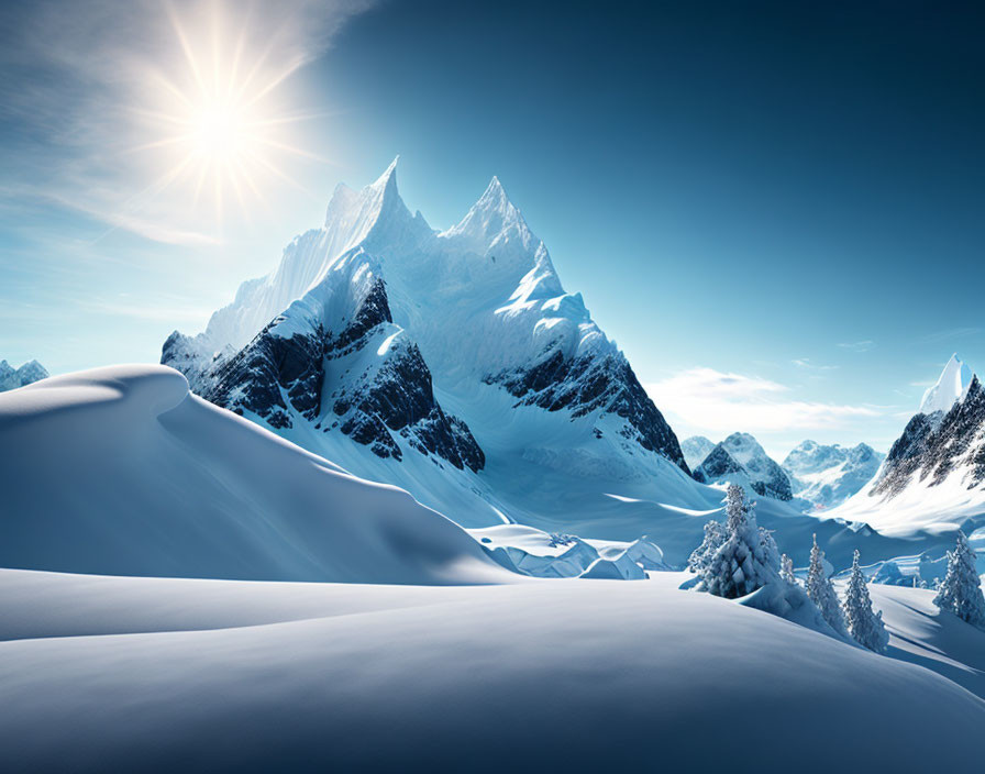 Snow-covered mountain peaks under clear blue sky - serene winter landscape