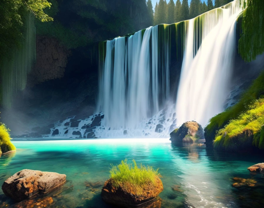 Majestic waterfall in lush greenery with turquoise pool