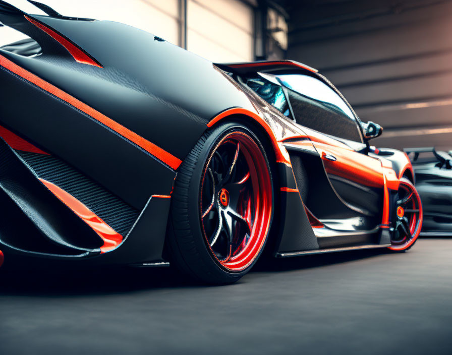 Black and Orange Sports Car with Aerodynamic Design and Custom Wheels