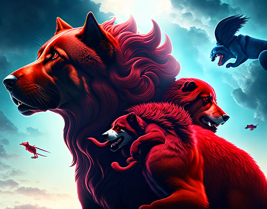 Colorful illustration: large red lion with fierce animals under dramatic sky