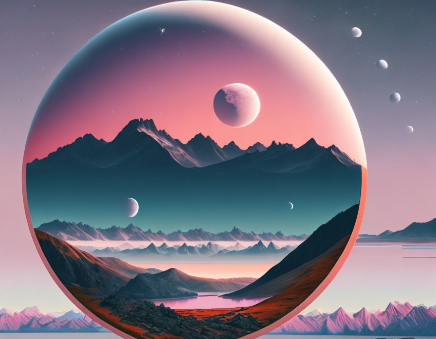 Surreal landscape: mountains in floating sphere, colorful sky, multiple moons