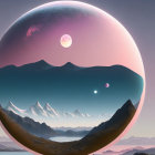 Surreal landscape: mountains in floating sphere, colorful sky, multiple moons