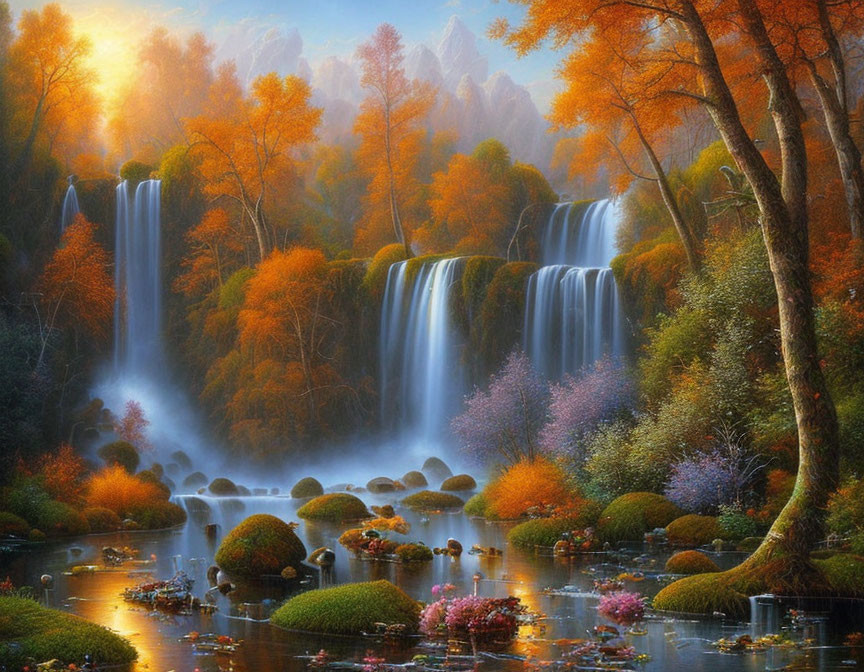 Tranquil waterfall in autumn forest with misty pond