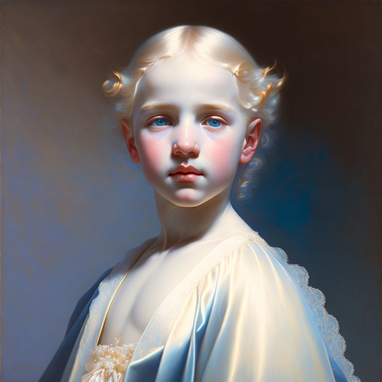 Portrait of child with angelic features, blue eyes, curly blond hair, white dress with lace.