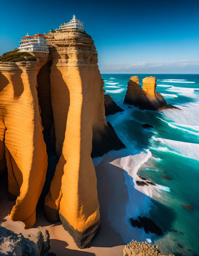 Majestic orange cliffs overlooking turquoise sea and building under blue sky